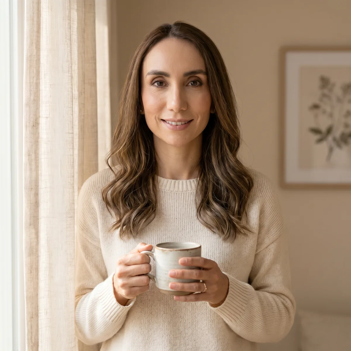 Dra. Eva García Armendáriz con una taza en las manos junto a una ventana